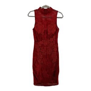 Fashion Nova Bodycon Dress Small Red Lace Sheath Mock Neck Sleeveless Lined Mini